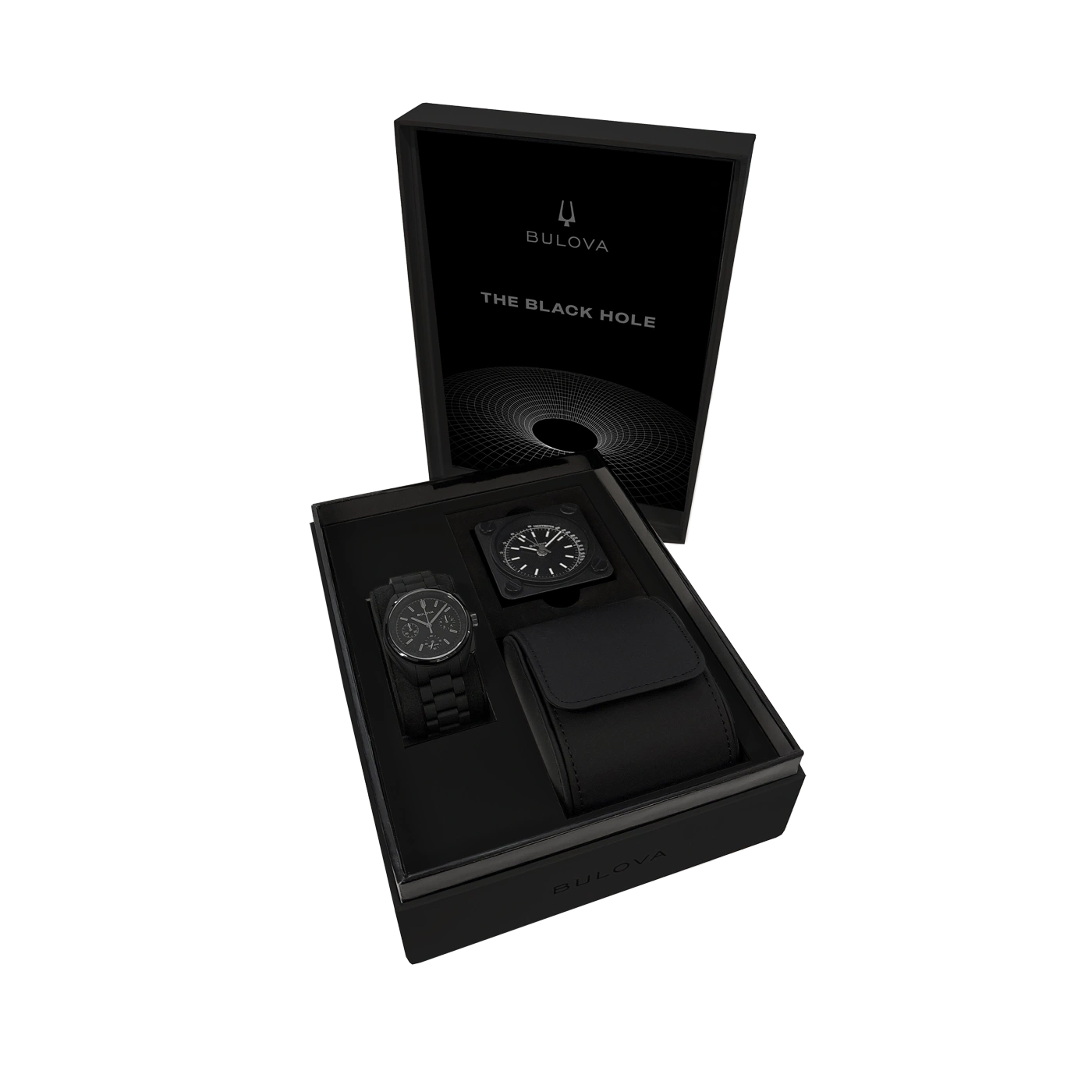 Zwarte Bulova geschenkset met horloge en accessoires in een doos.