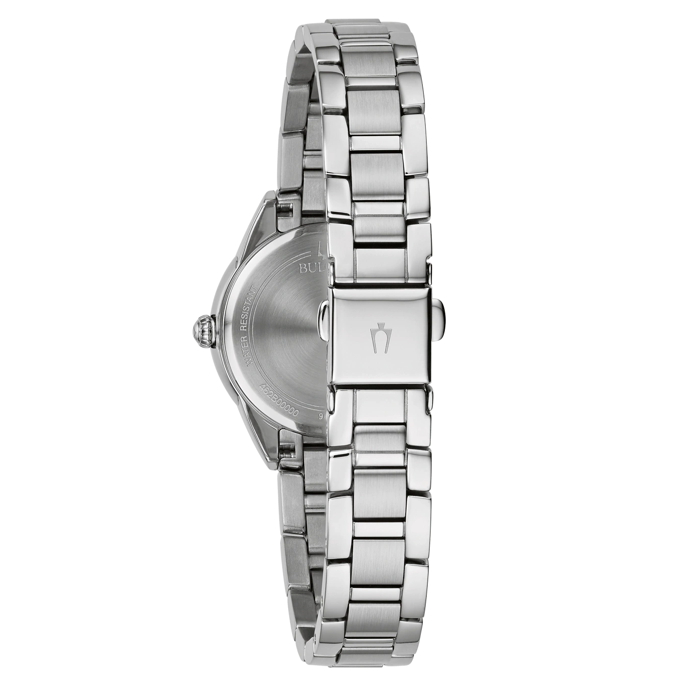 Achterkant van zilveren horloge met armband en logo