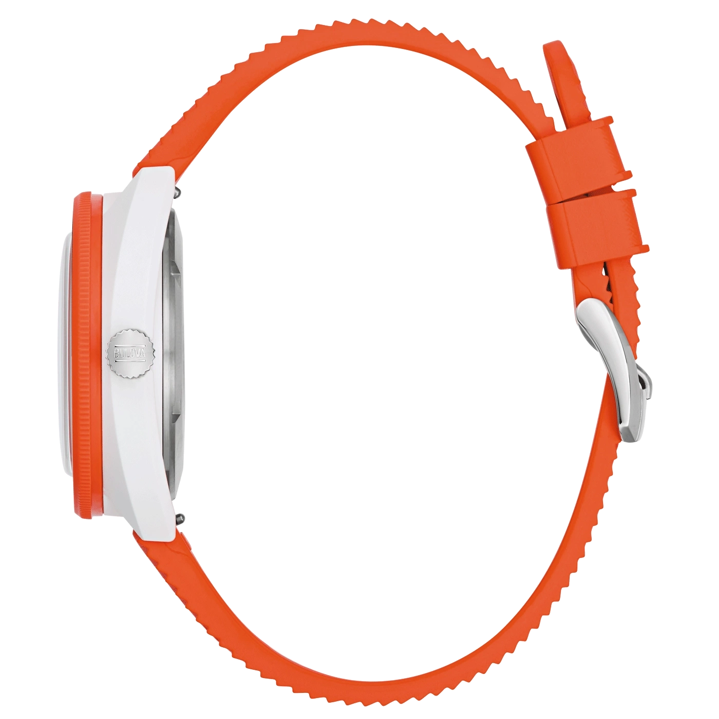 Bulova horloge met witte wijzerplaat en oranje band, zijaanzicht.