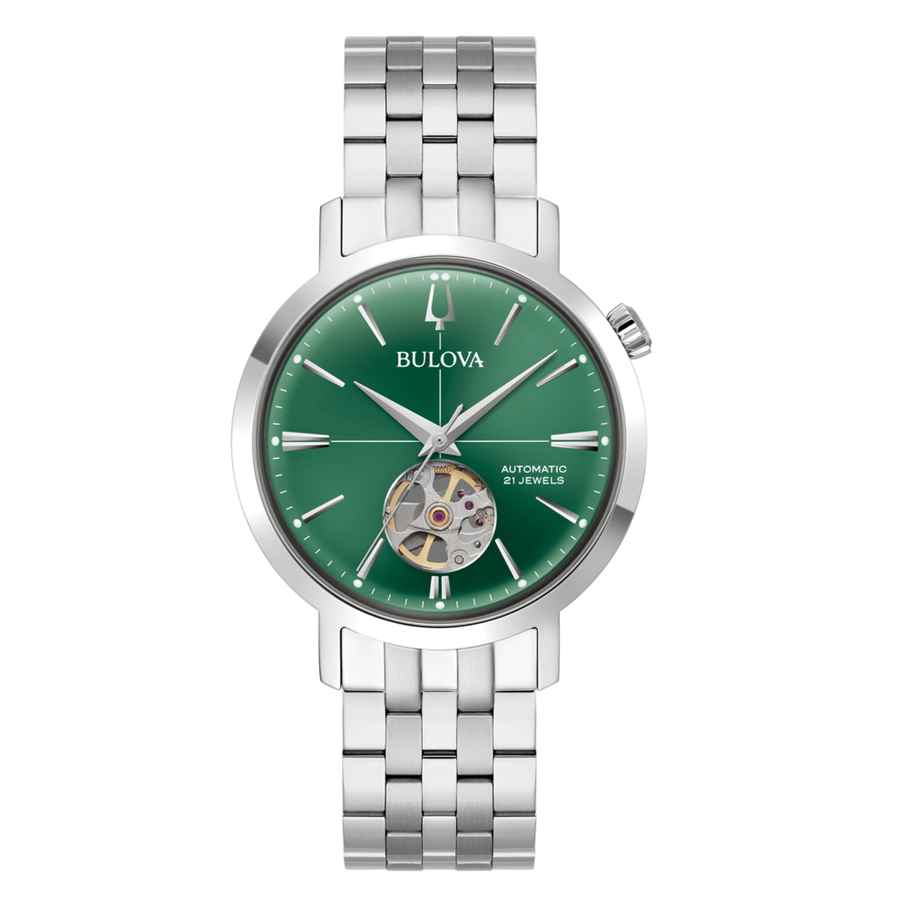 Bulova horloge met groene wijzerplaat en zilveren band, automatisch