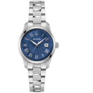 Bulova horloge met blauwe wijzerplaat en Romeinse cijfers, zilveren armband