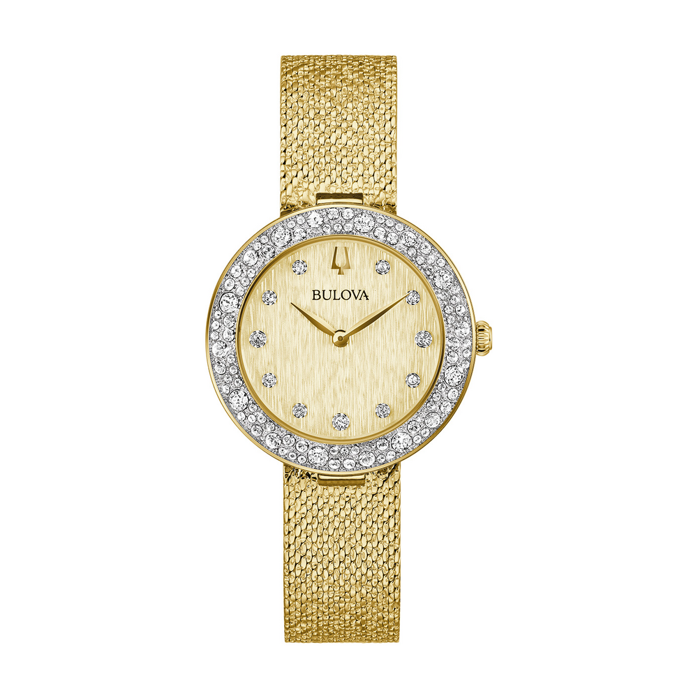 Gouden Bulova horloge met diamanten en gouden band, elegant en chique.