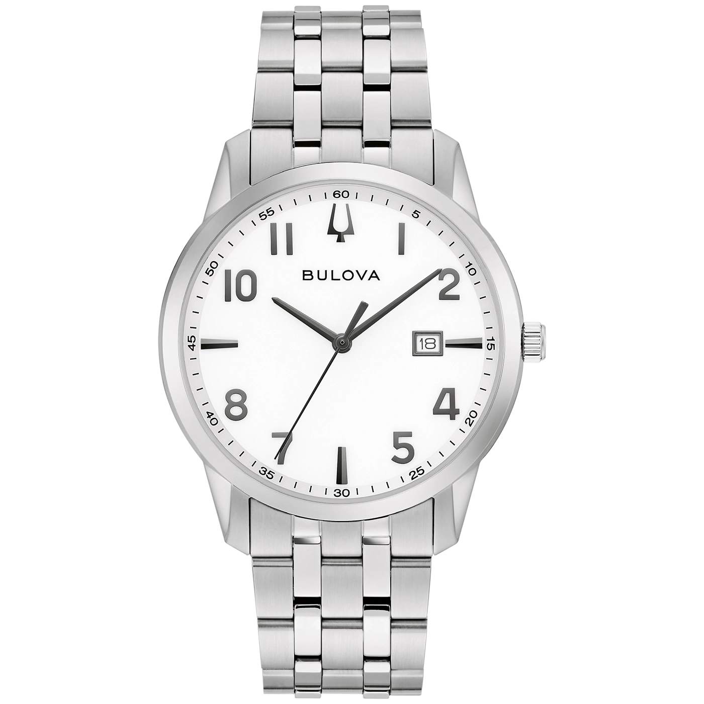 Een zilveren Bulova polshorloge met witte wijzerplaat en datumaanduiding.