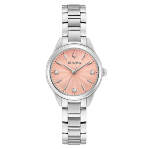 Bulova dameshorloge, roze wijzerplaat, zilveren band, diamanten, elegant