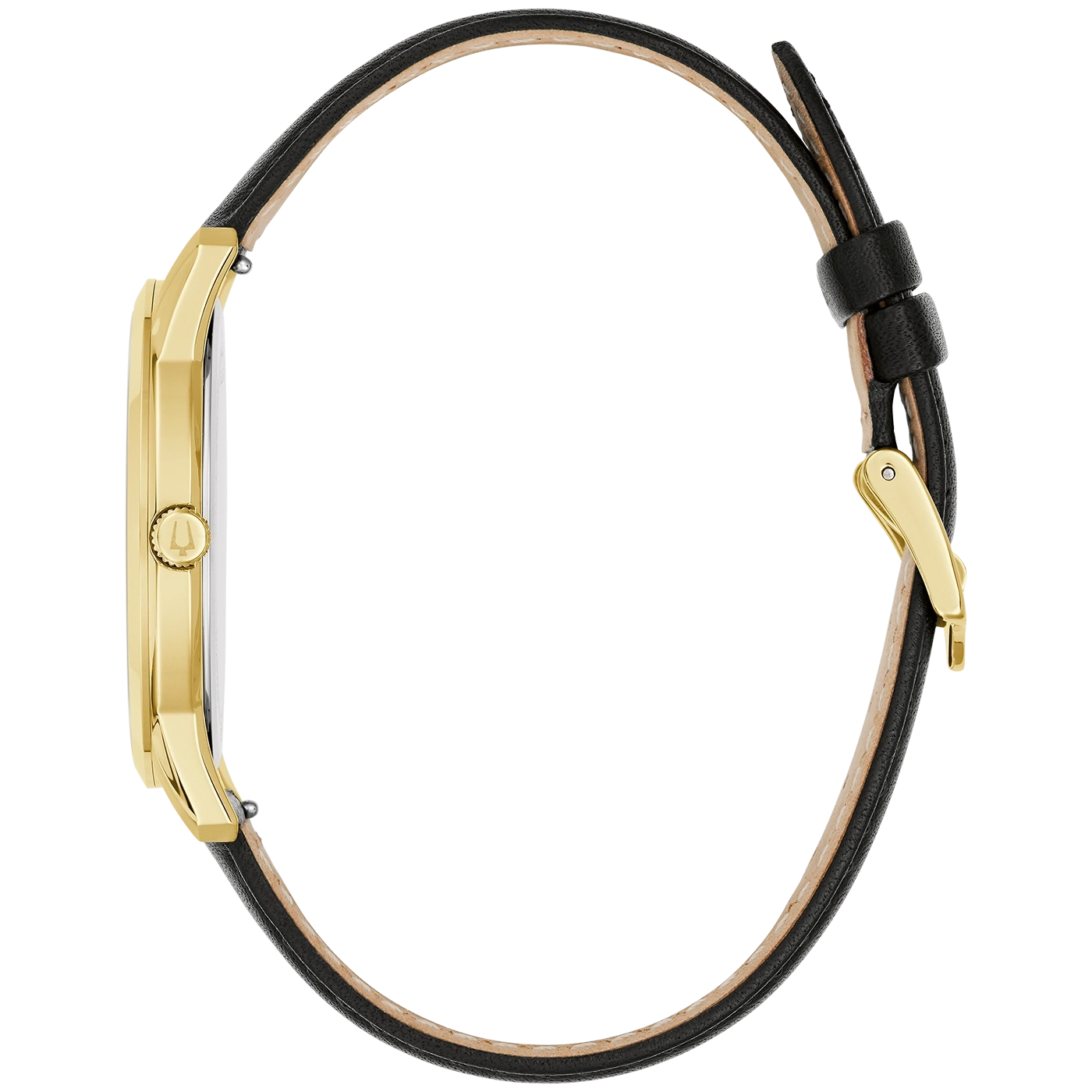 Gouden horloge met zwarte leren band, zijaanzicht