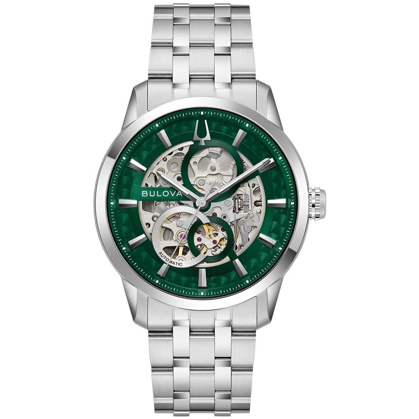 Bulova horloge met groene wijzerplaat en zilveren band, automatisch