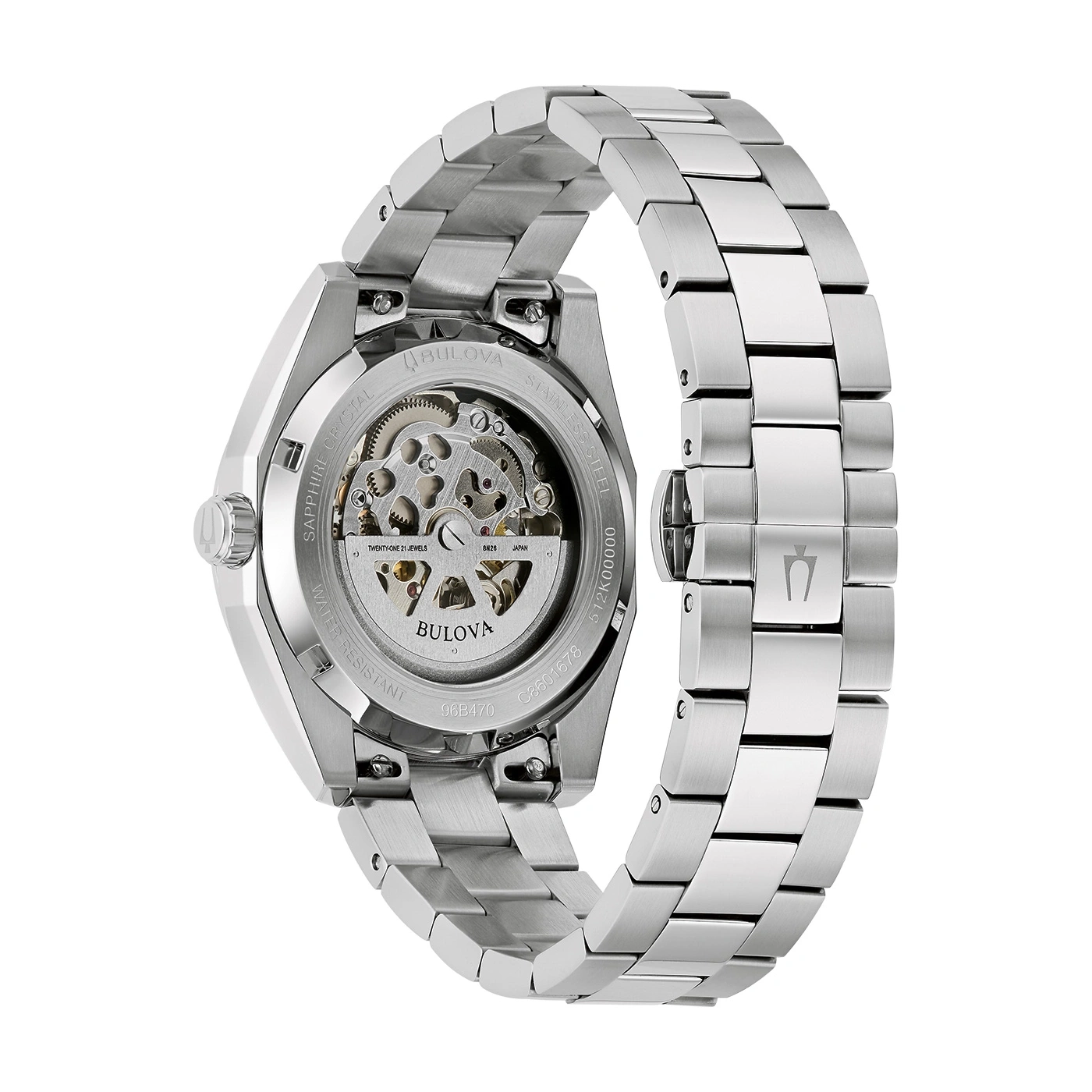 Bulova horloge, roestvrij staal, saffierglas, skeleton wijzerplaat, waterdicht, Japans uurwerk.