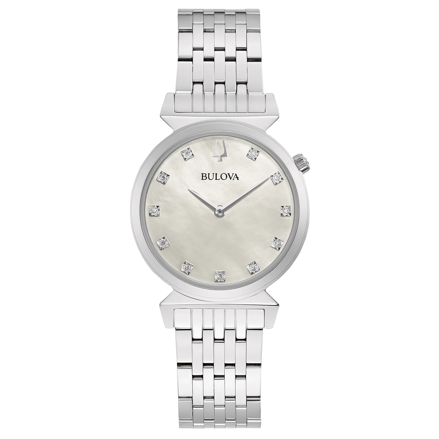 Zilveren Bulova horloge met diamanten op witte wijzerplaat en armband.
