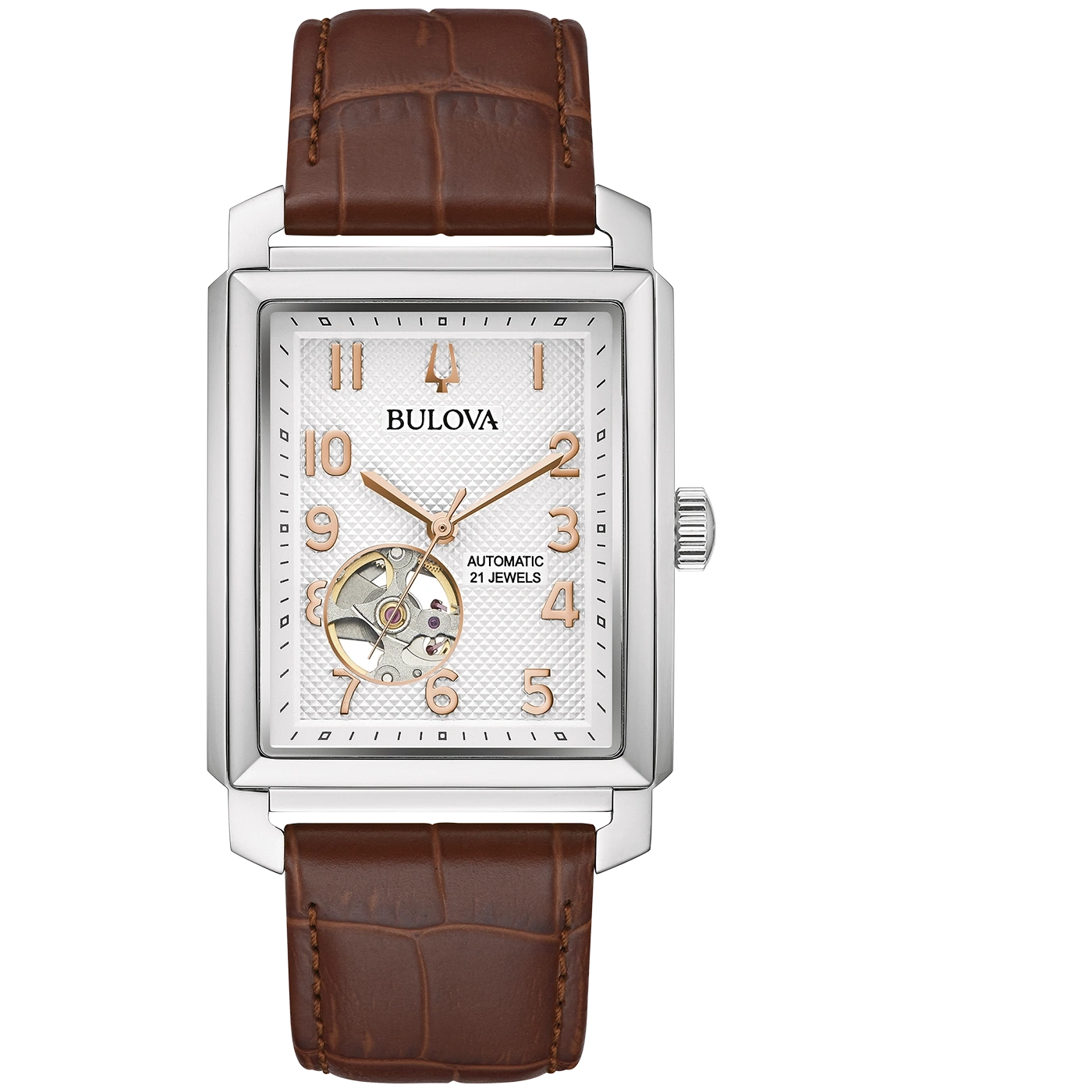 Bulova horloge, rechthoekige wijzerplaat, bruine leren band, automatisch, 21 juwelen, herenhorloge.