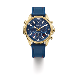 Gouden Bulova Marine Star horloge met blauwe wijzerplaat en band, rode stiksels.