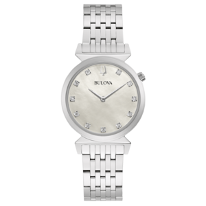 Zilveren Bulova horloge met diamanten op witte wijzerplaat en armband.