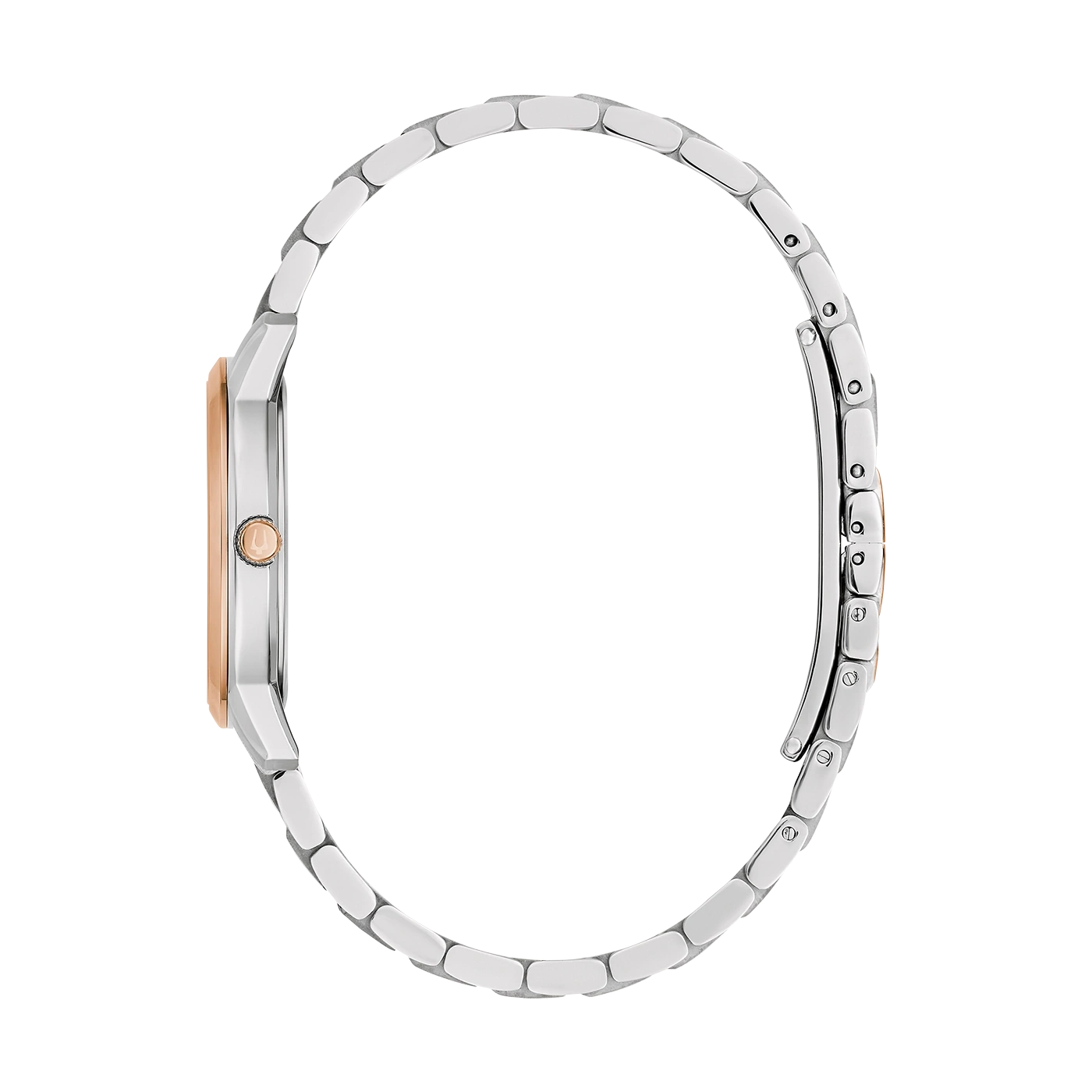 Horloge, zilveren band, roségouden wijzerplaat, zijaanzicht, elegant ontwerp, accessoire