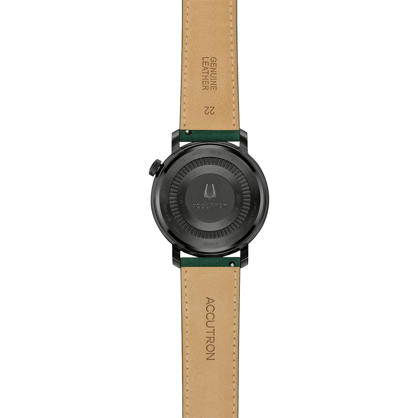 Achterkant van een Accutron horloge met leren band en gravures.