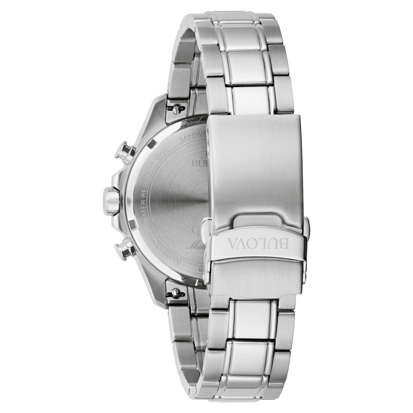 Achterkant van een zilveren Bulova-horloge met armband en logo-gravering.