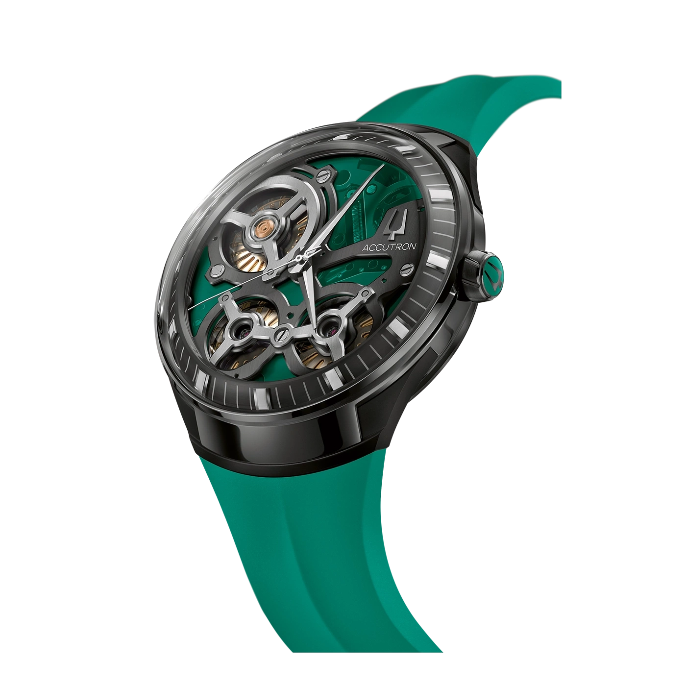 Zwarte horloge met groene wijzerplaat en band, close-up, Accutron-merk.