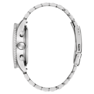Zilveren horloge met armband, zijaanzicht, detailopname, Bulova-logo, elegant