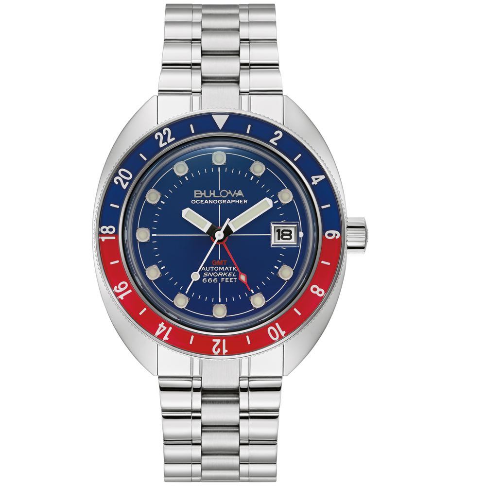 Bulova Oceanographer horloge, blauwe wijzerplaat, GMT, automatisch, roestvrijstalen band.