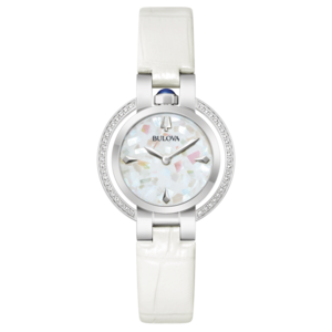 Bulova dameshorloge met witte band en diamanten, elegant