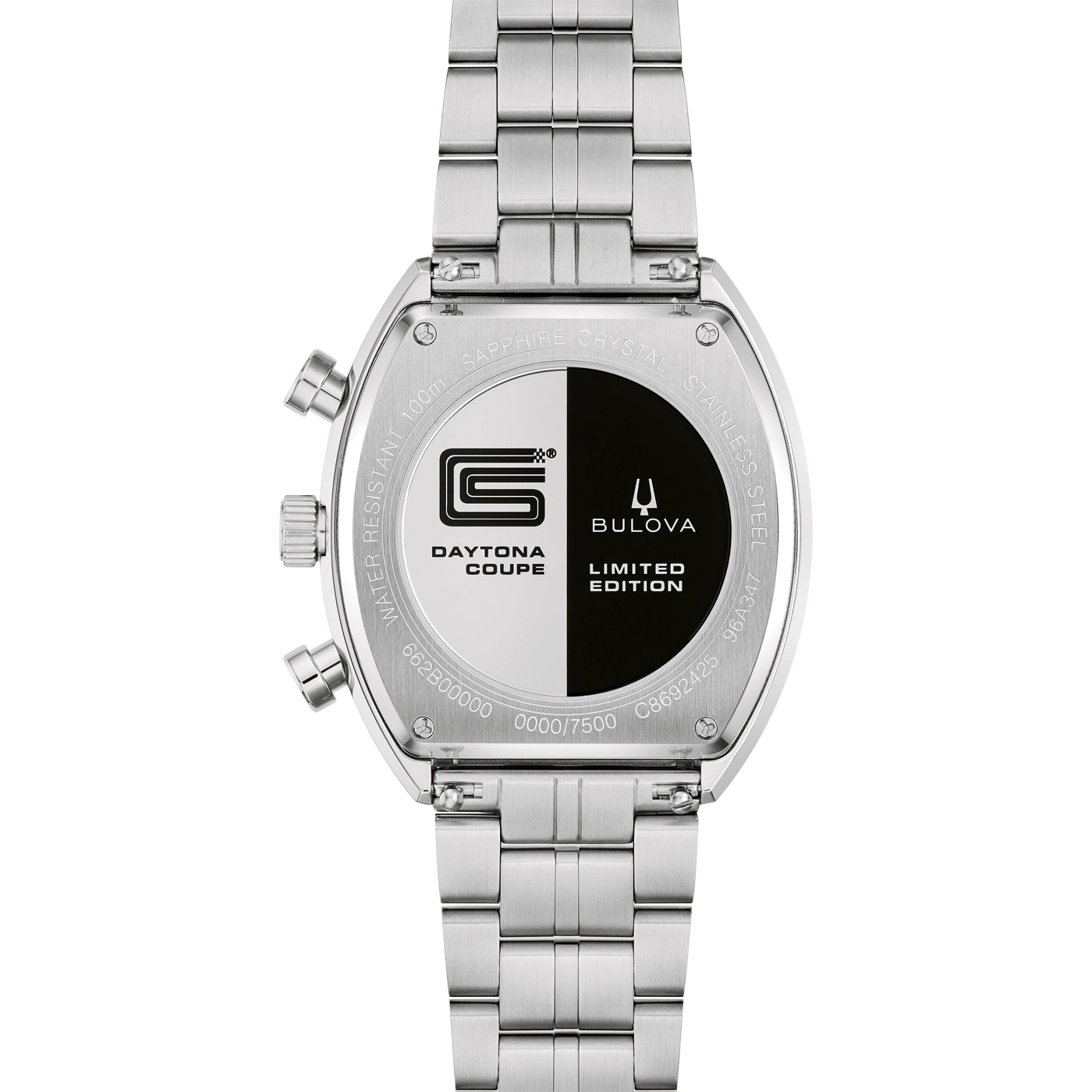Achterkant van een Bulova Daytona Coupe herenhorloge met metalen band.