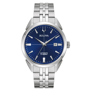Bulova horloge met blauwe wijzerplaat en zilveren band, elegant en stijlvol design.