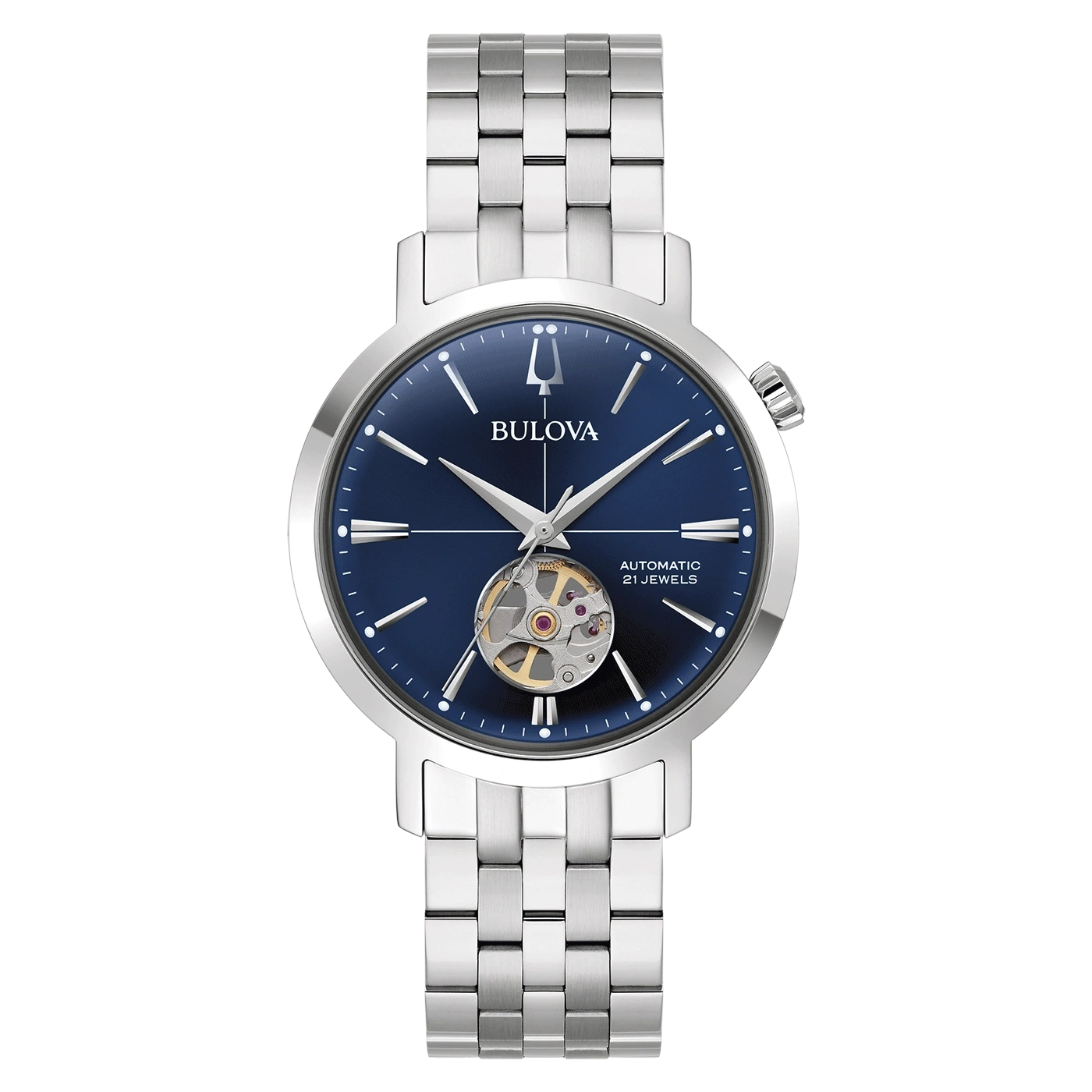 Bulova horloge met blauwe wijzerplaat en zilveren band, automatisch, 21 juwelen