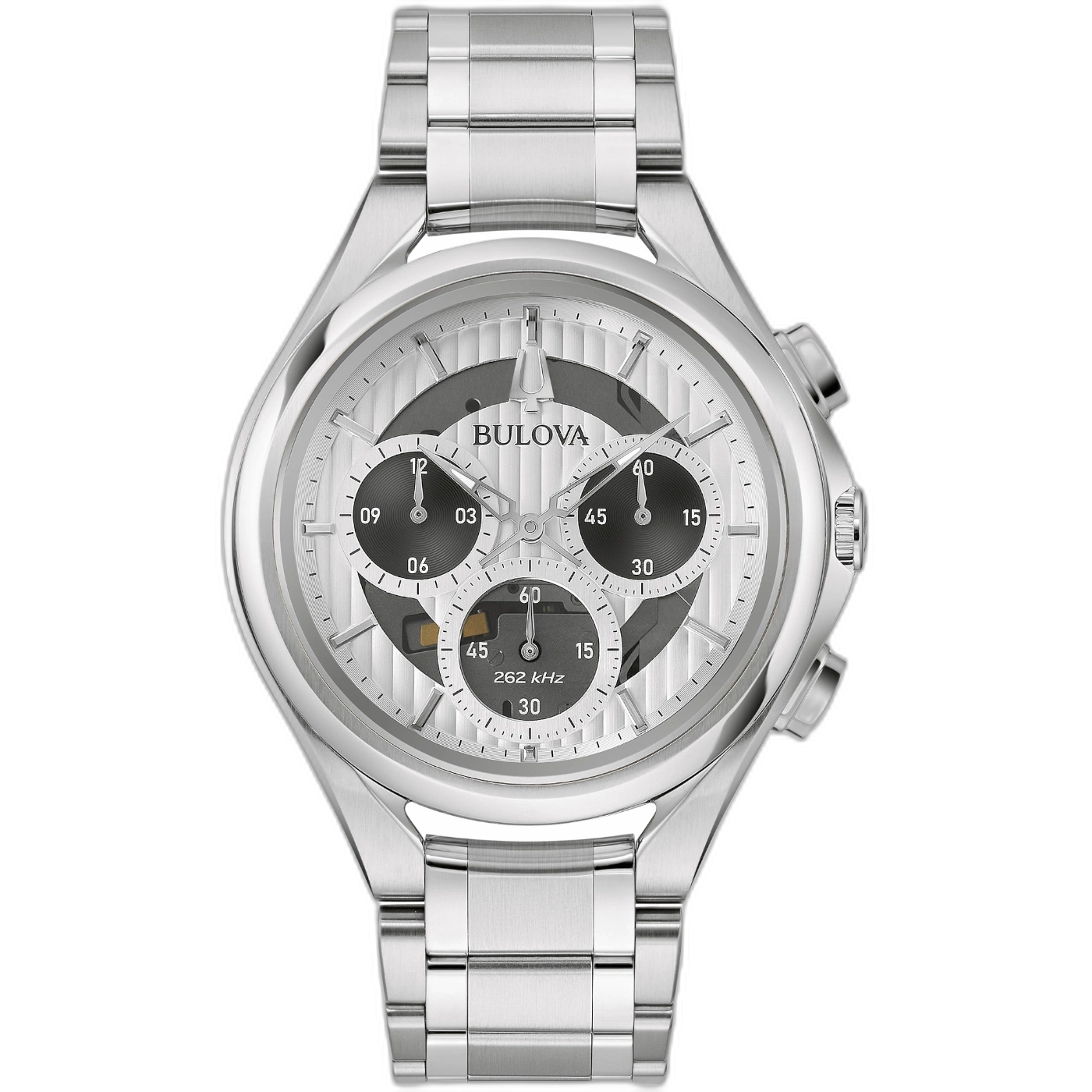 Zilveren Bulova-horloge met zwarte wijzerplaat, chronograafontwerp en metalen band.
