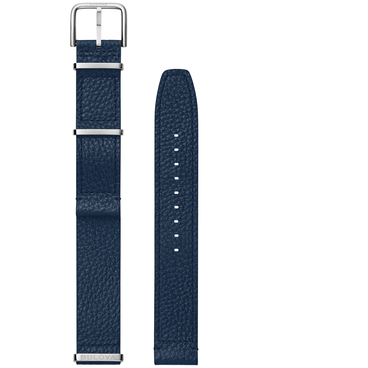 Donkerblauwe leren horlogeband met zilveren gespen en Bulova-logo.