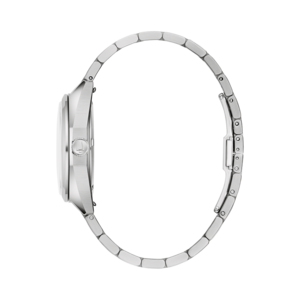 Zilveren horloge met zilveren band, zijaanzicht, elegant en stijlvol design.