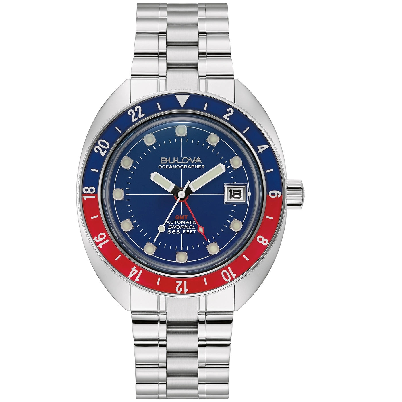 Bulova Oceanographer horloge, blauwe wijzerplaat, GMT, automatisch, 666 voet, roestvrijstalen band.