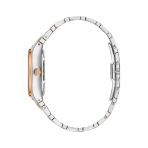 Horloge, zilveren band, roségouden wijzerplaat, zijaanzicht, elegant ontwerp, accessoire