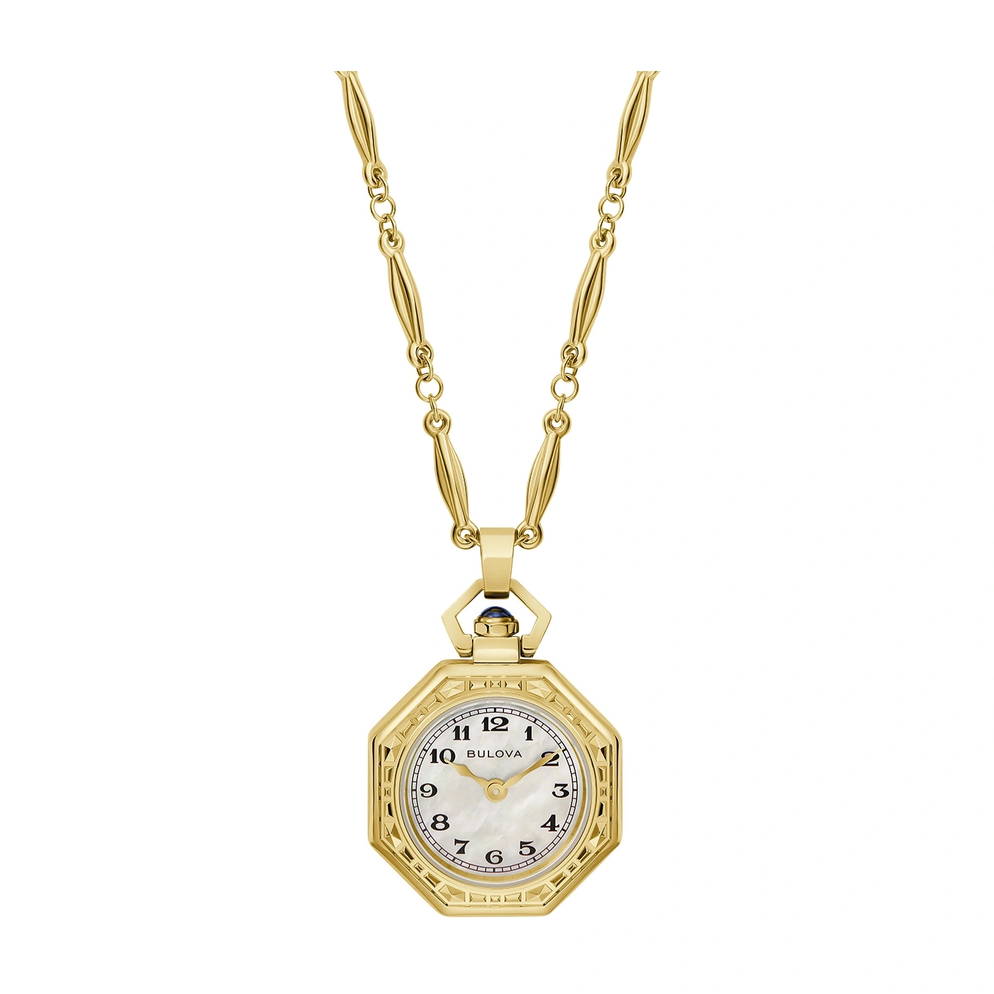 Gouden ketting met achthoekig horloge, parelmoer wijzerplaat, Bulova logo, sieraad