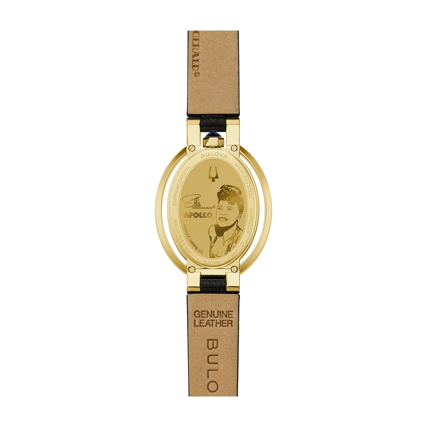 Gouden horloge met leren band, Ella Fitzgerald, Apollo, Bulova, roestvrij staal.