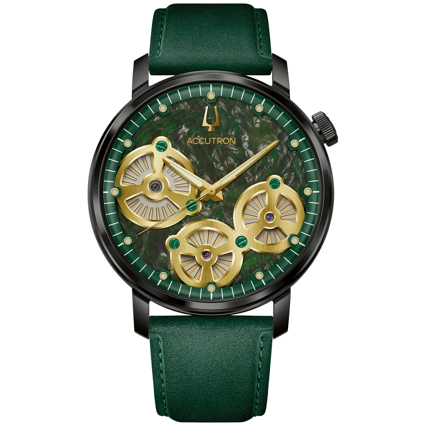Groene Accutron horloge met gouden details en opvallende wijzerplaat.