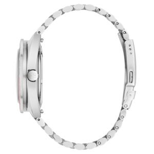 Bulova horloge, zilveren band, detailopname, zijaanzicht, elegant design, accessoire