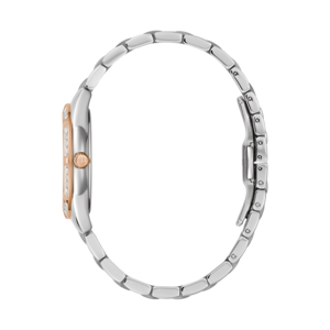 Zijaanzicht van een horloge met diamanten en roségouden accenten, armband