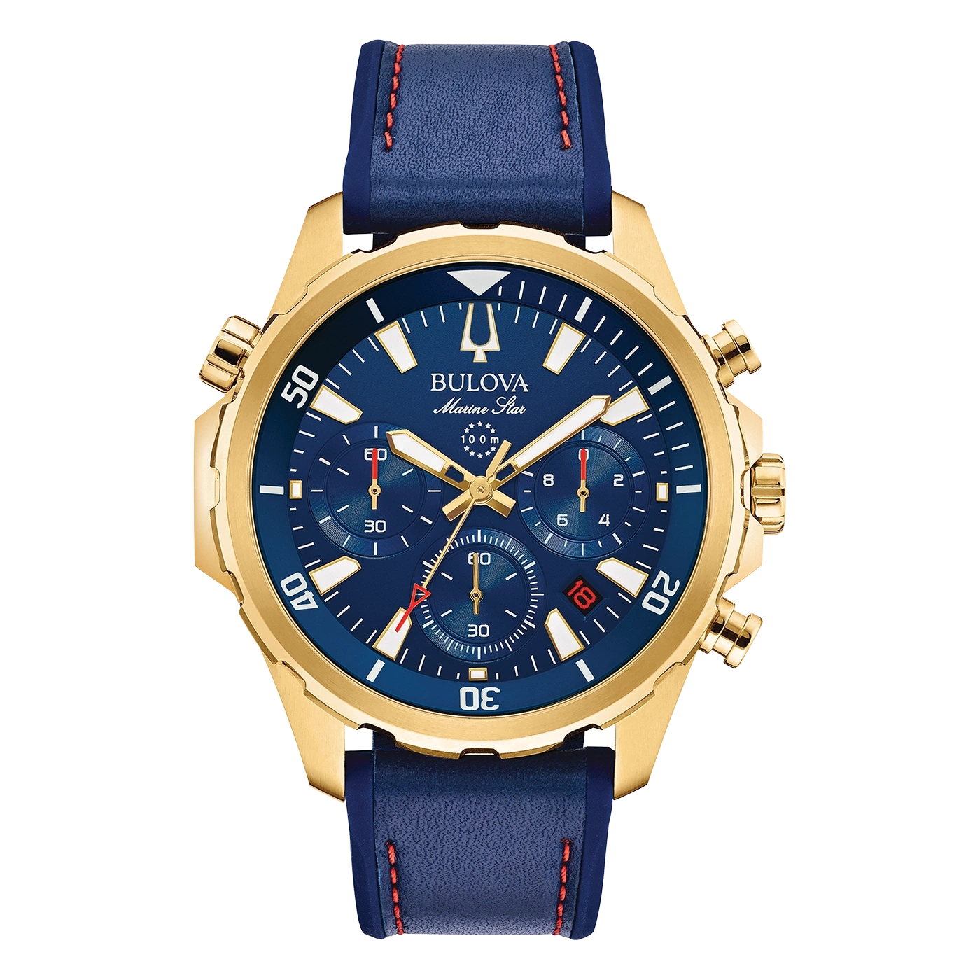Gouden Bulova Marine Star horloge met blauwe wijzerplaat en band.