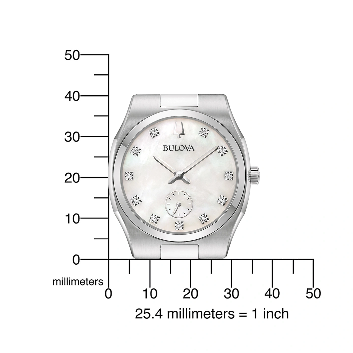 Bulova horloge met parelmoer wijzerplaat en diamanten, millimeter schaal.