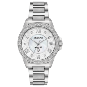 Bulova Marine Star dameshorloge, zilver, diamanten, Romeinse cijfers, datum