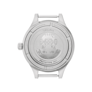 Achterkant Bulova horloge, gegraveerd, roestvrij staal, prototype 1957, waterdicht.