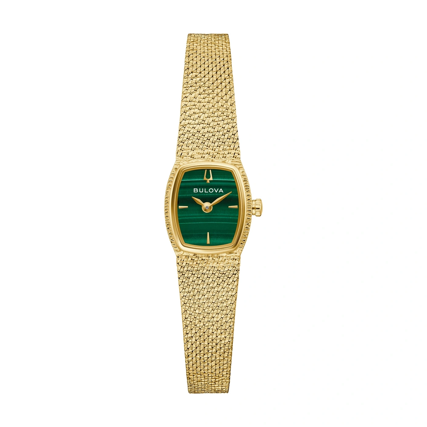 Gouden Bulova horloge met malachiet wijzerplaat en gouden armband, elegant.