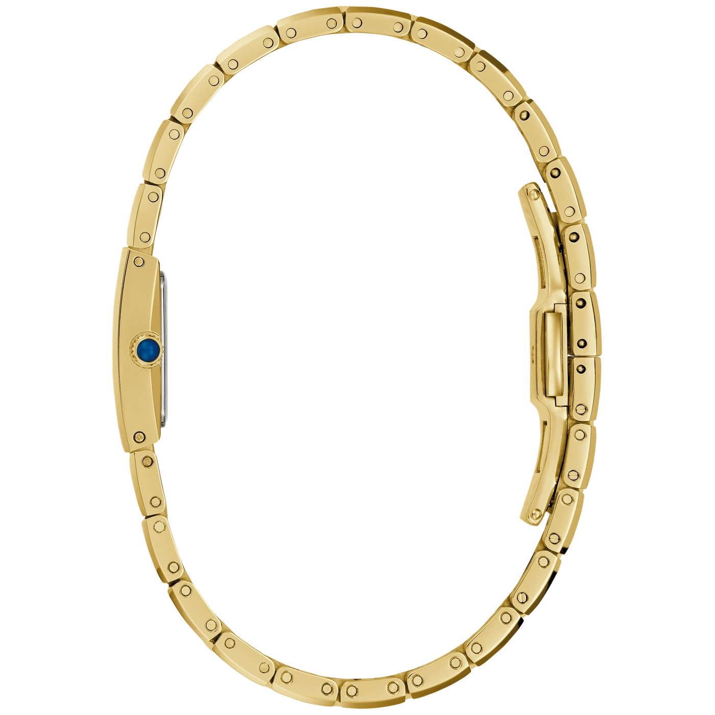 Een gouden dameshorloge met een blauwe steen in profiel op een witte achtergrond